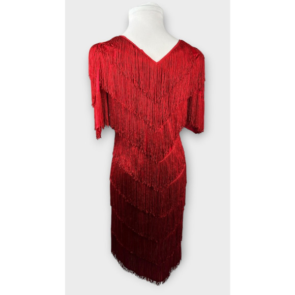VTG 70s 80s Mister Jay Fringe Dress Red V-Neck No Size Party Holiday Flapper L - Picture 3 of 15